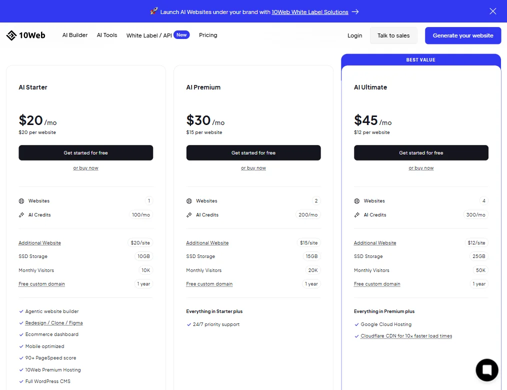 10Web pricing screenshot