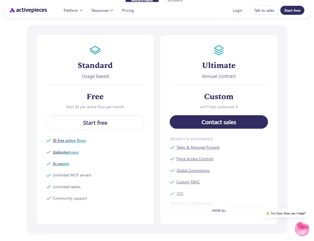 Activepieces pricing screenshot