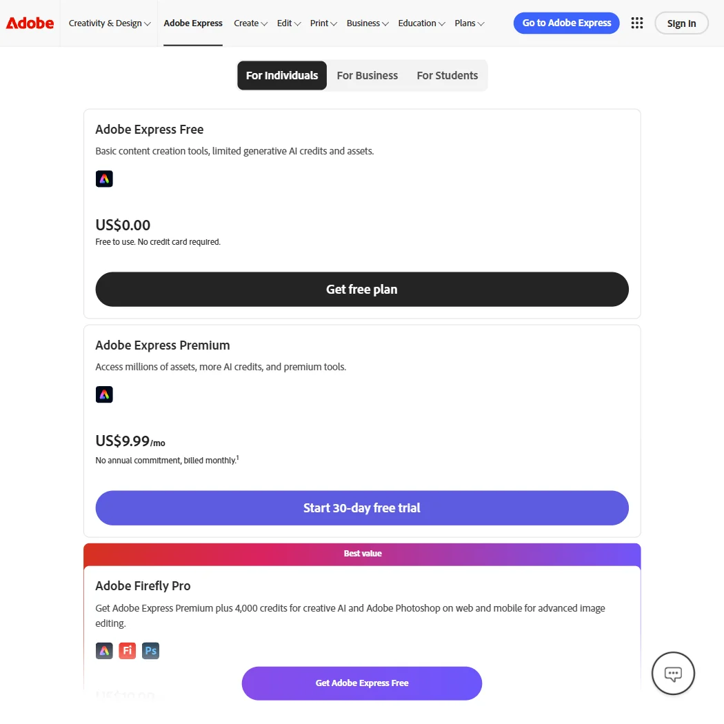 Adobe Express pricing screenshot