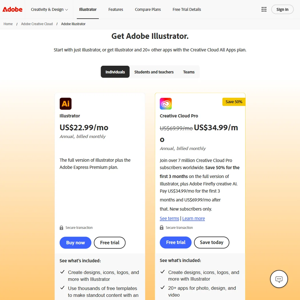 Adobe Illustrator pricing screenshot