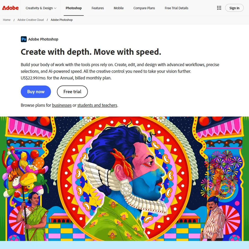 Adobe Photoshop homepage screenshot