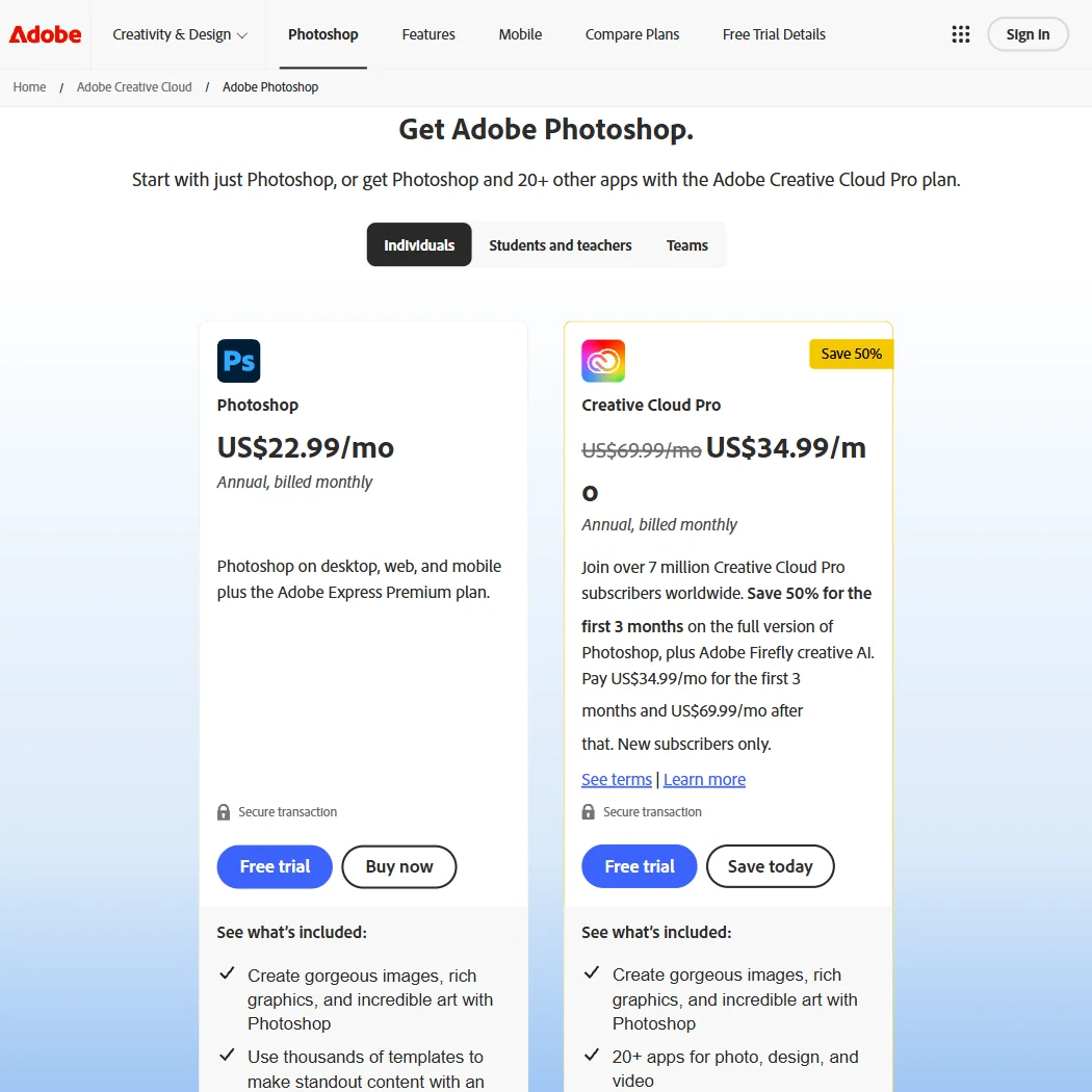 Adobe Photoshop pricing screenshot
