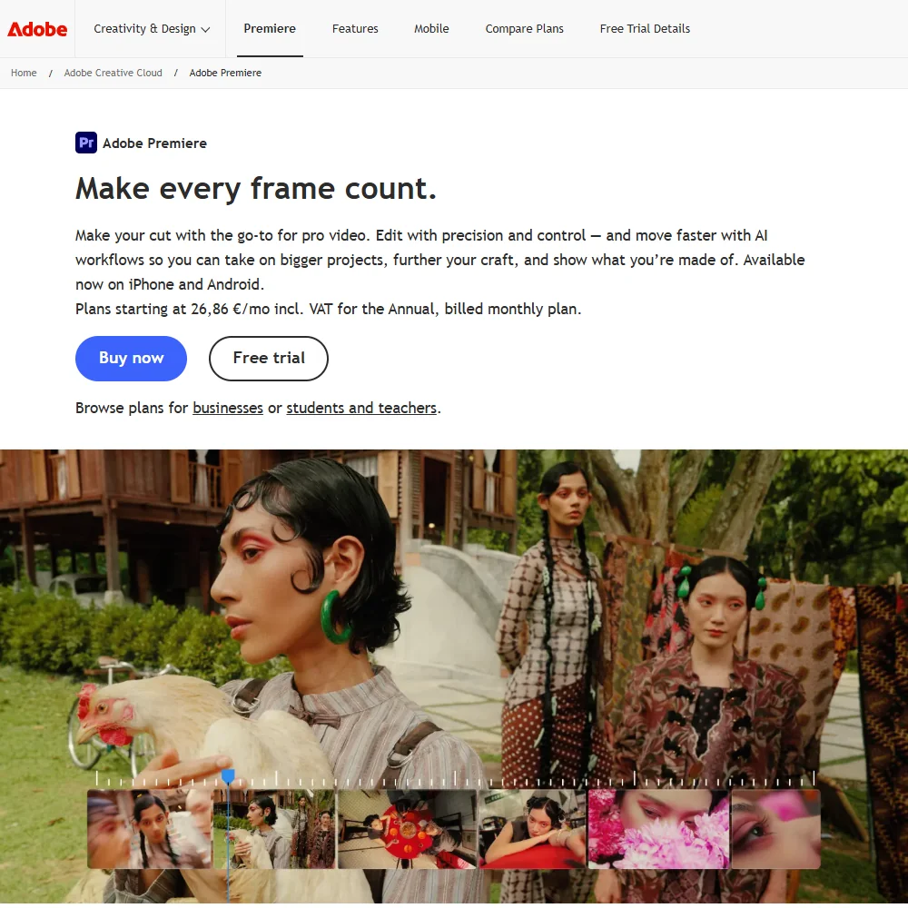 Adobe Premiere homepage
