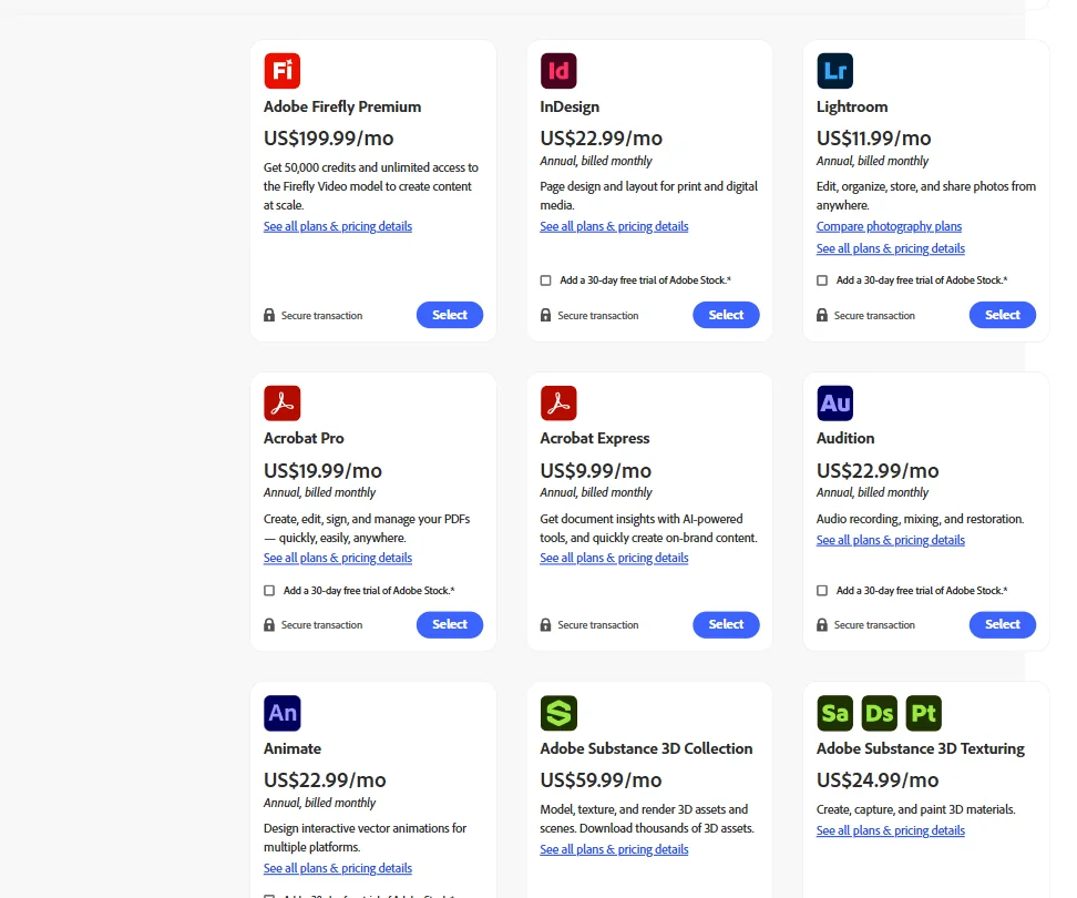 Adobe pricing screenshot