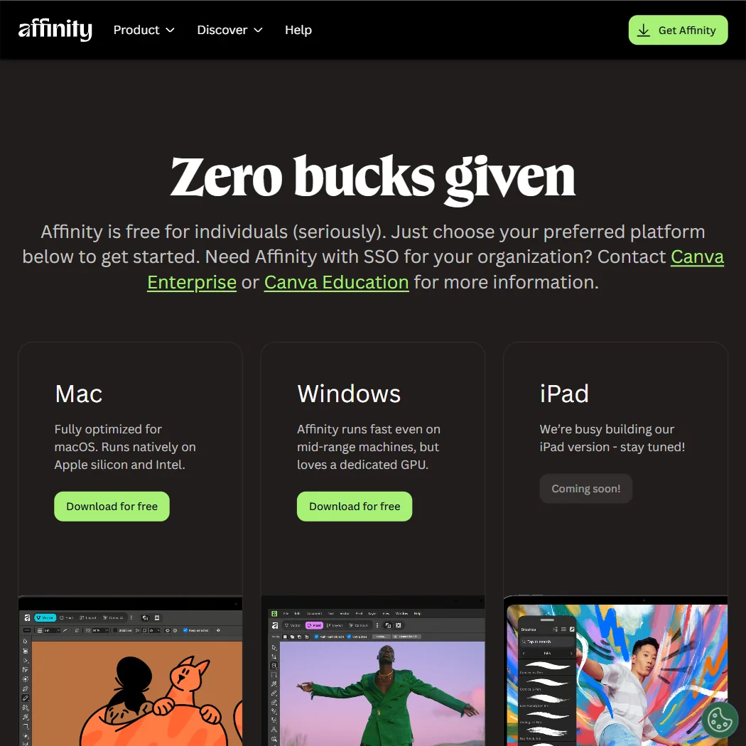 Affinity pricing screenshot