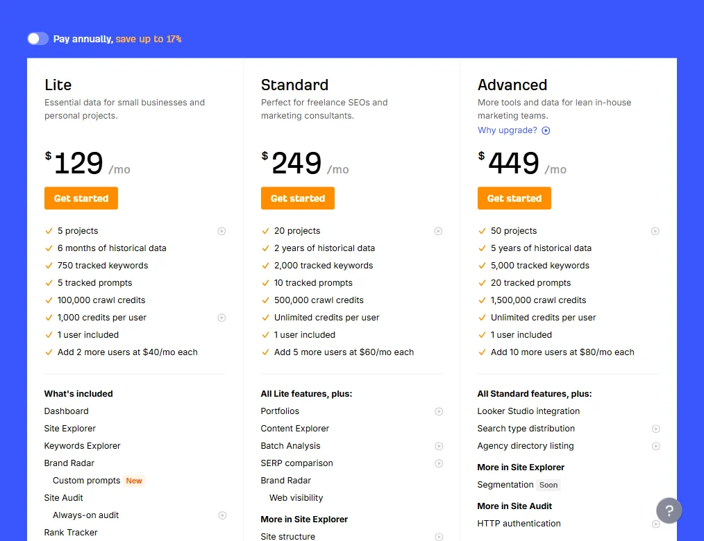 Ahrefs pricing screenshot