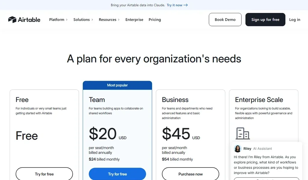 Airtable pricing screenshot