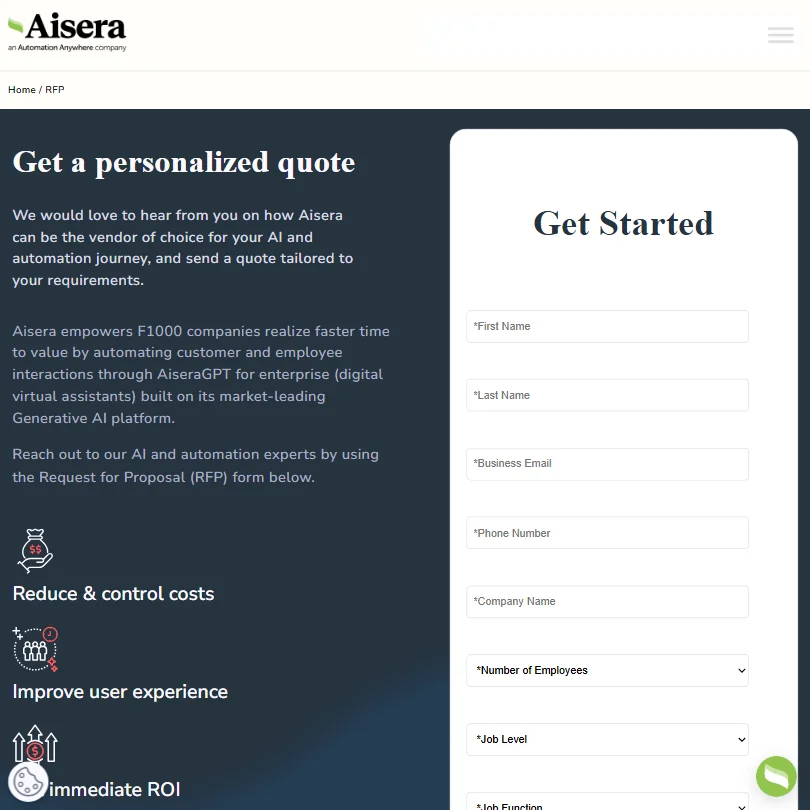 Aisera pricing screenshot