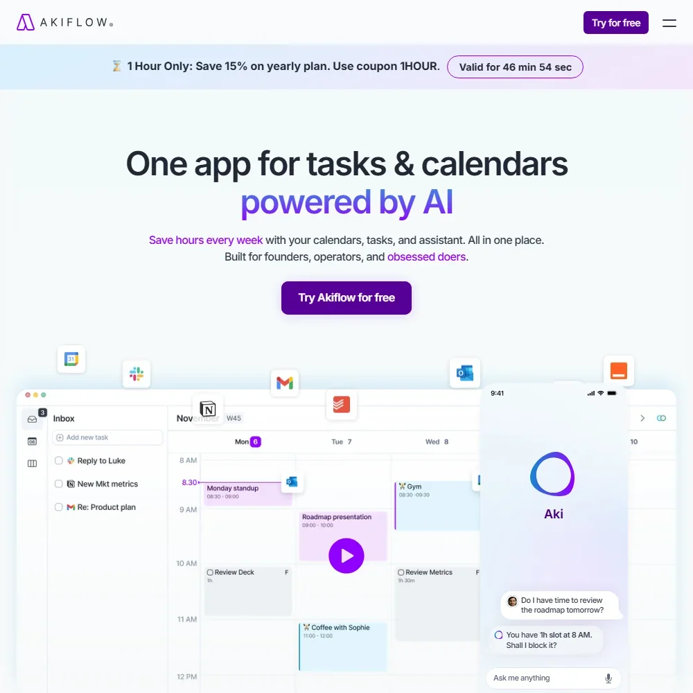 Akiflow homepage screenshot