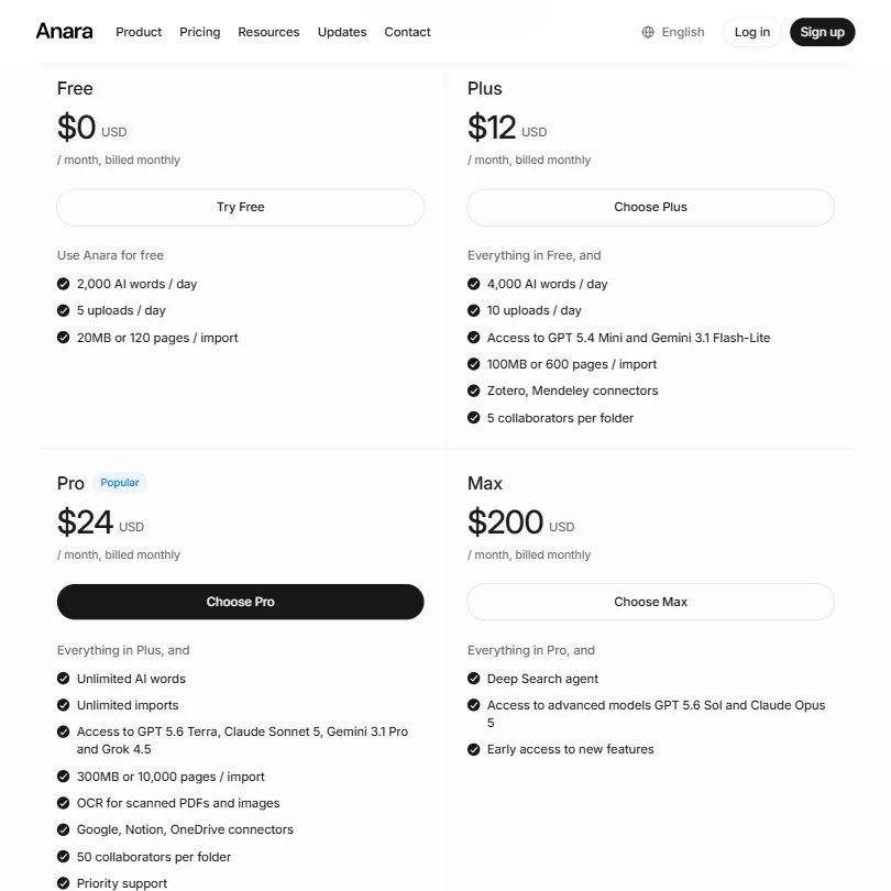Anara pricing screenshot