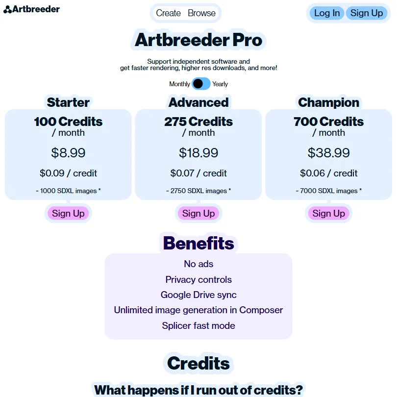 Artbreeder pricing screenshot
