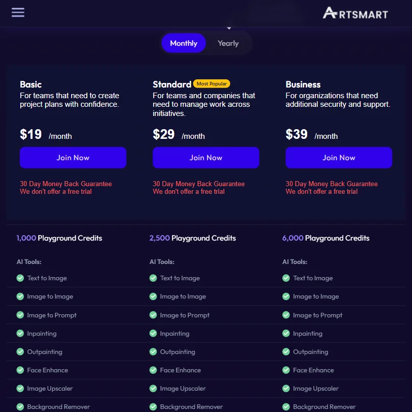 Artsmart pricing screenshot
