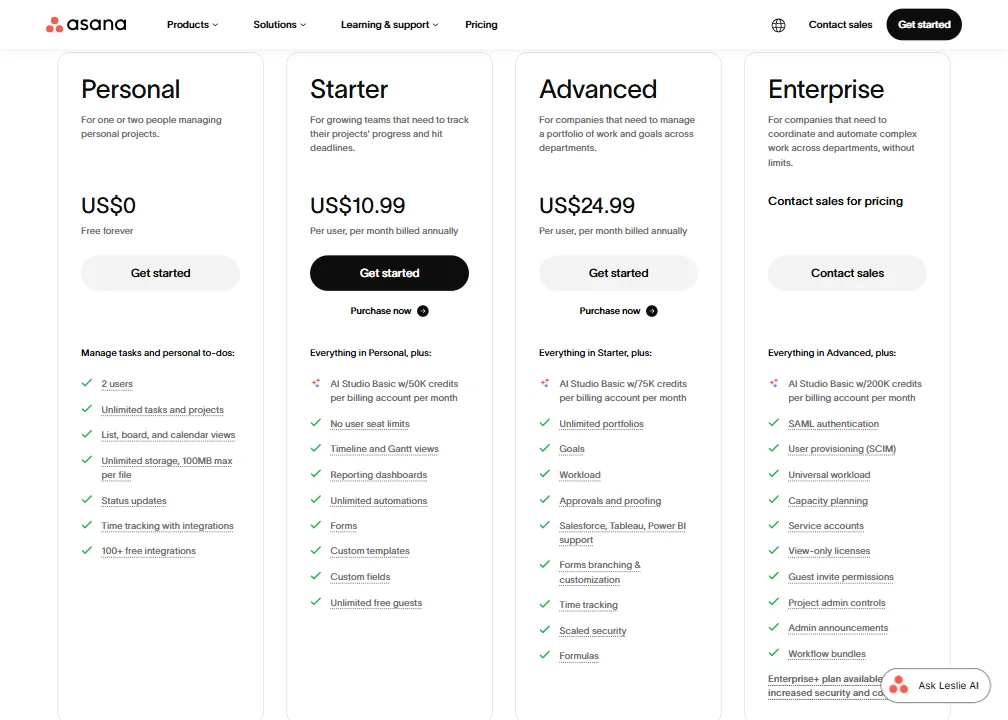 Asana pricing screenshot
