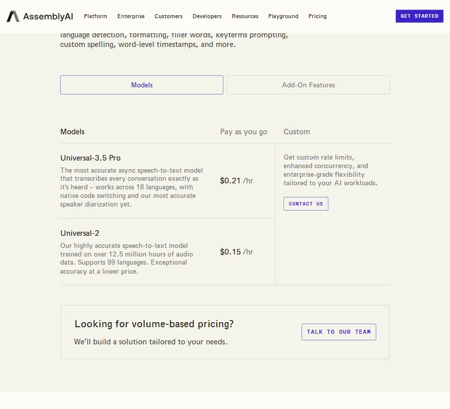 AssemblyAI pricing screenshot