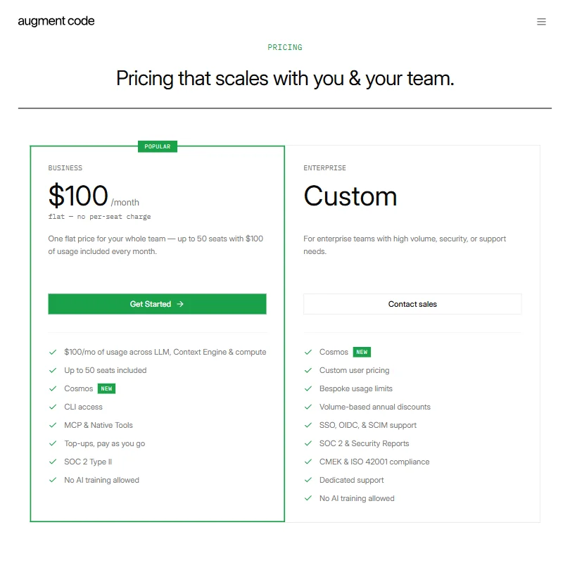 Augment Code pricing screenshot