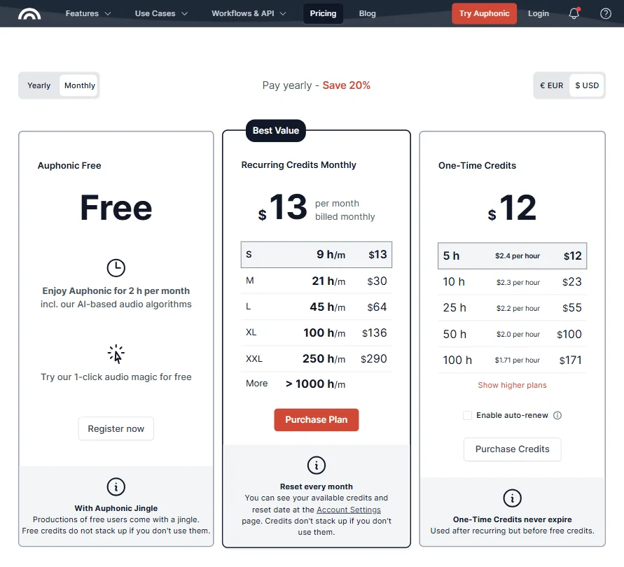 Auphonic pricing screenshot