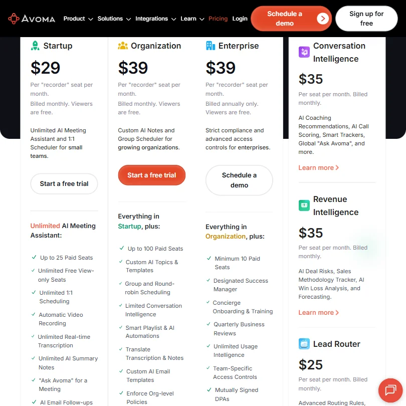 Avoma pricing screenshot