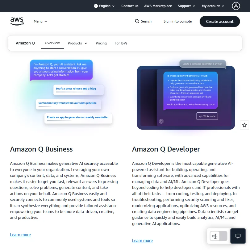 AWS features screenshot