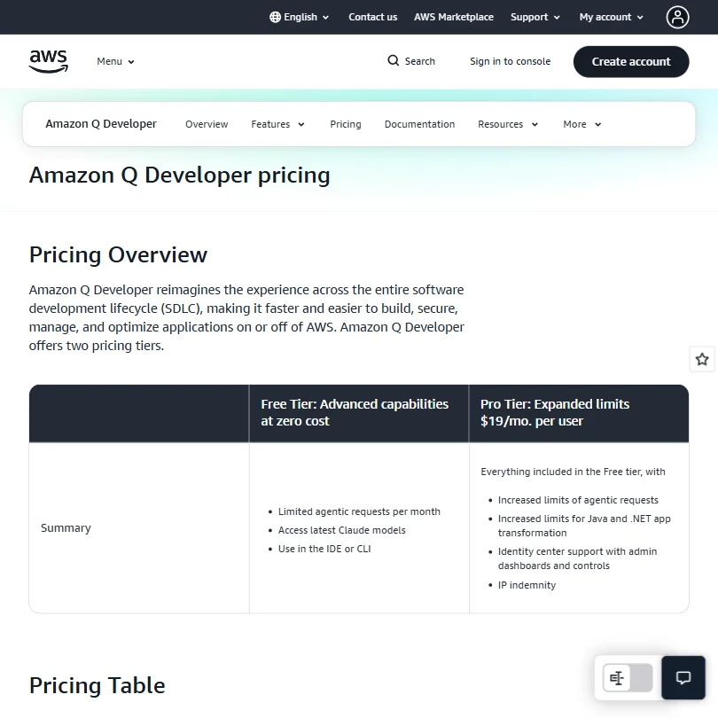 AWS pricing screenshot