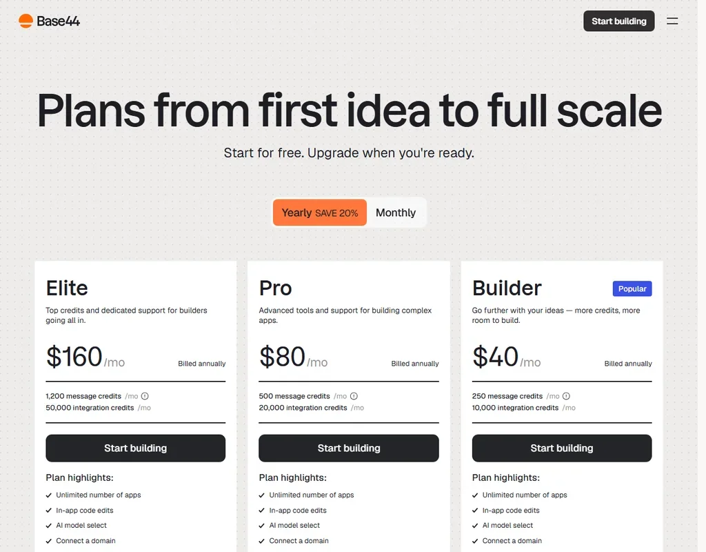 Base44 pricing screenshot
