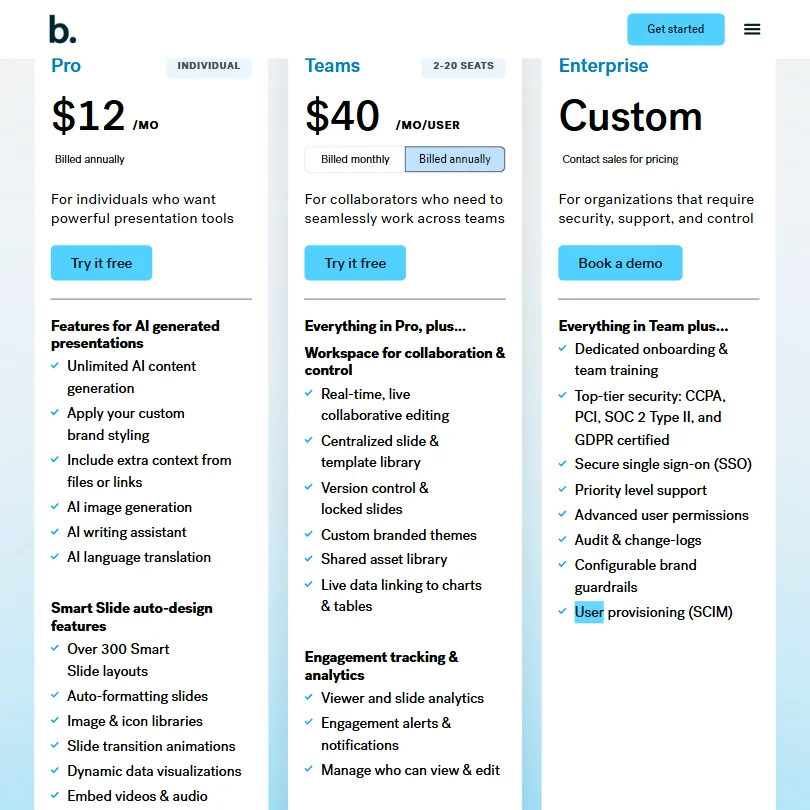 Beautiful AI pricing screenshot
