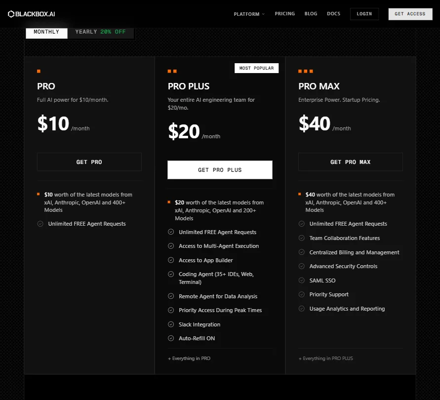 BLACKBOX AI pricing screenshot