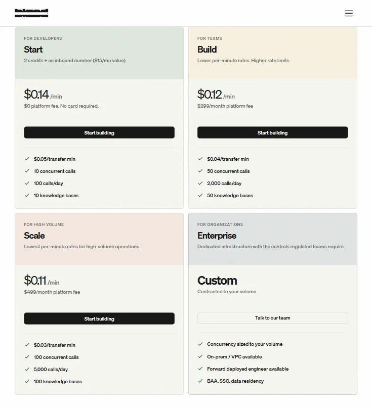 Bland pricing screenshot
