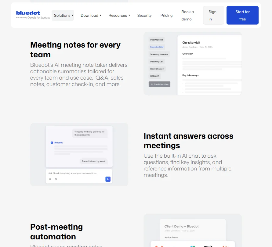 Bluedot AI Note Taker features screenshot