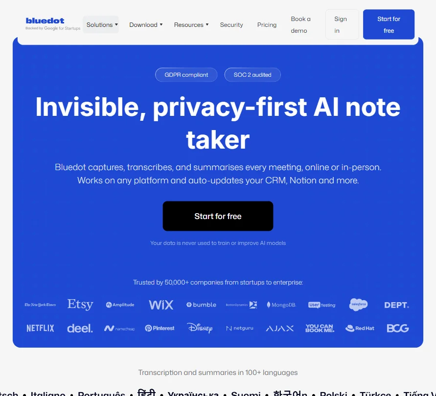 Bluedot AI Note Taker homepage screenshot