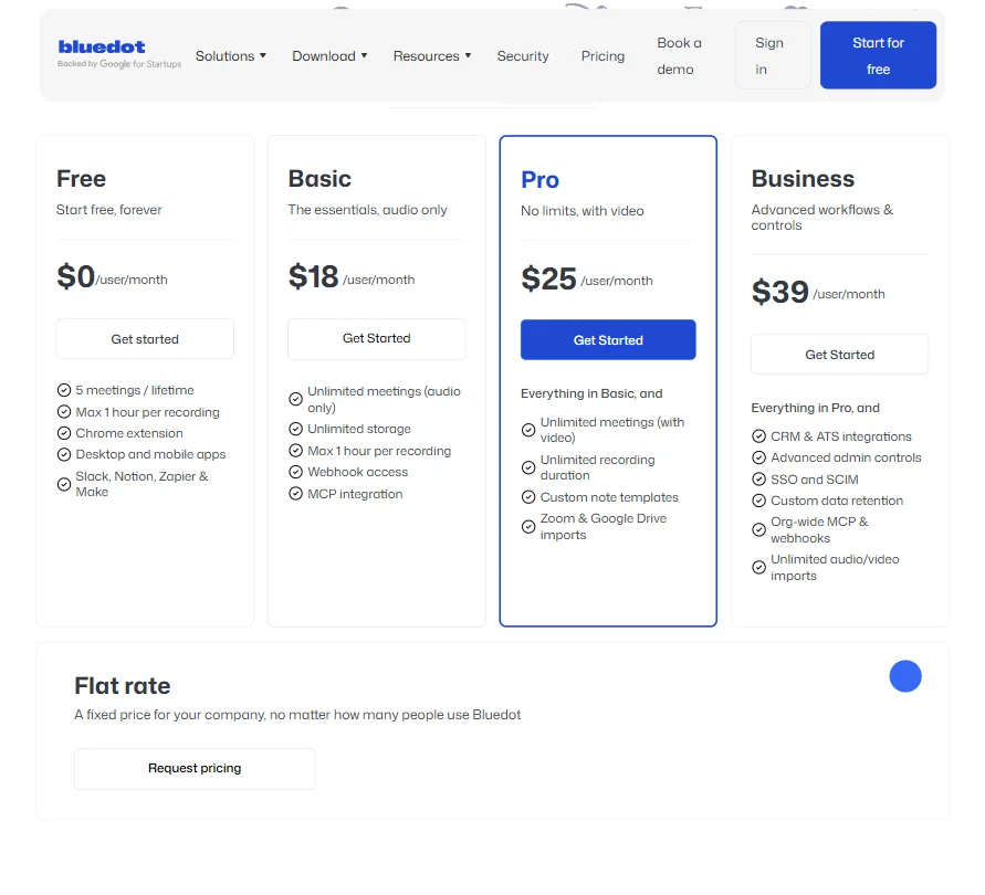 Bluedot AI Note Taker pricing screenshot