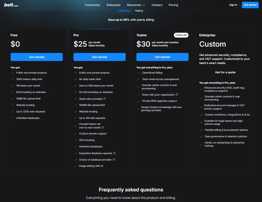 bolt.new pricing screenshot