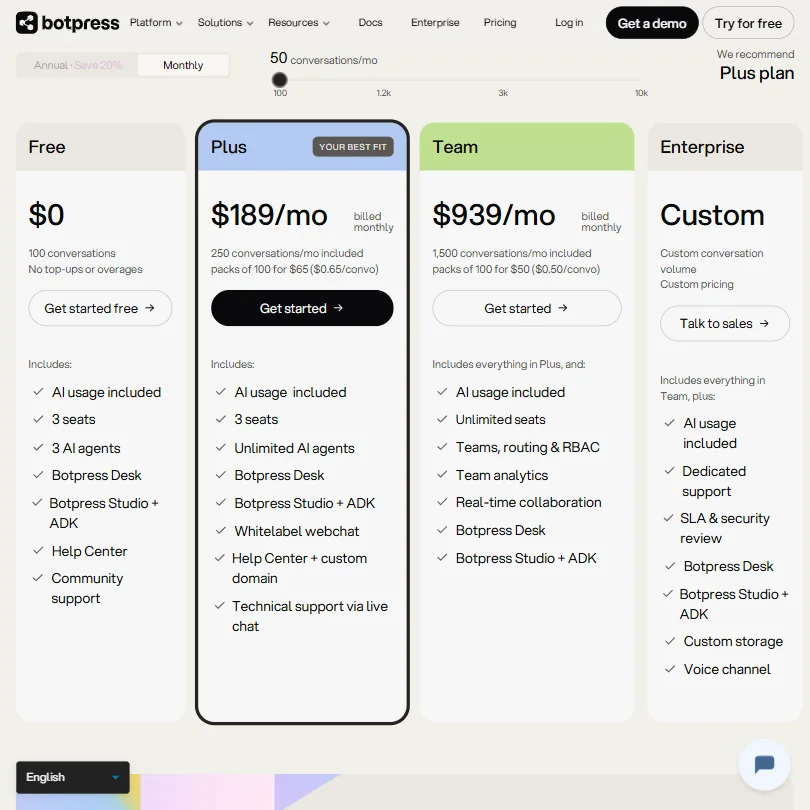 Botpress pricing screenshot