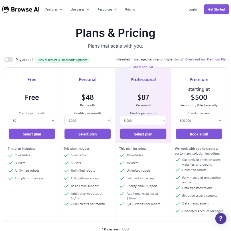 Browse AI pricing screenshot