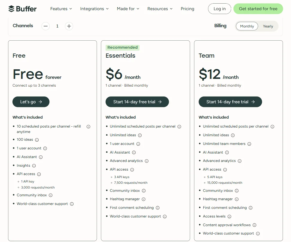 Buffer pricing screenshot