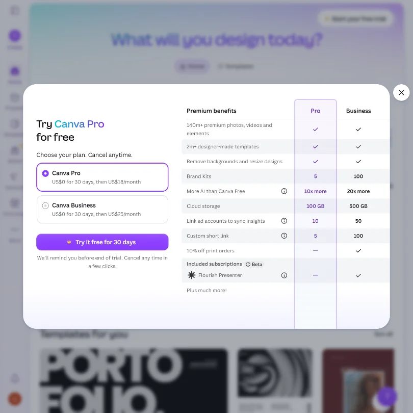 Canva pricing screenshot