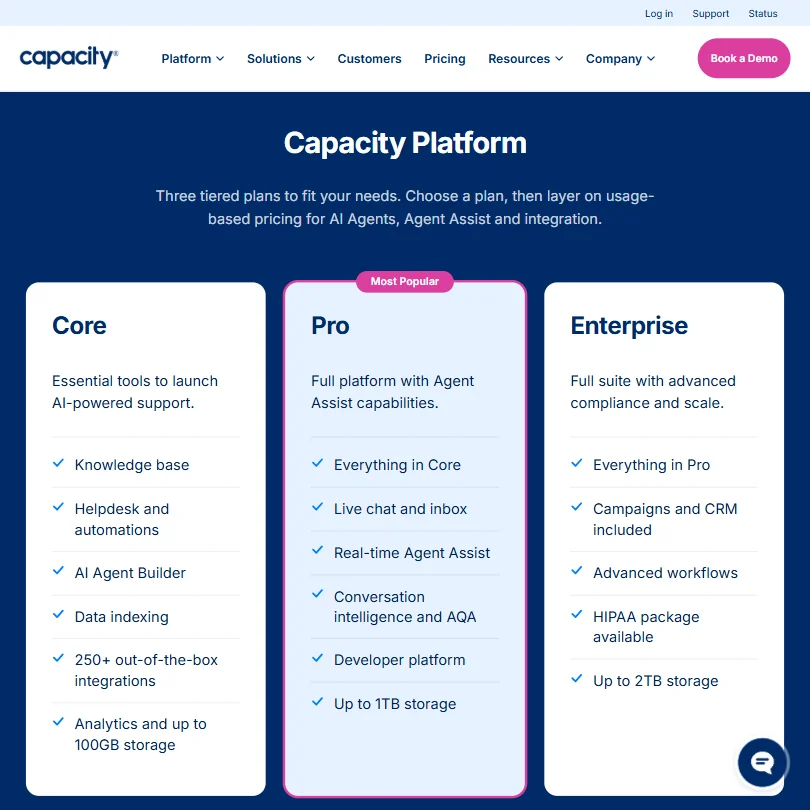 Capacity pricing screenshot