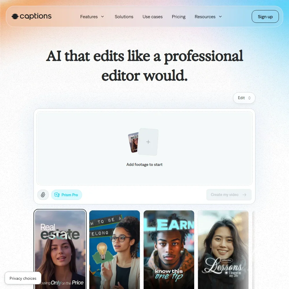 Captions homepage screenshot