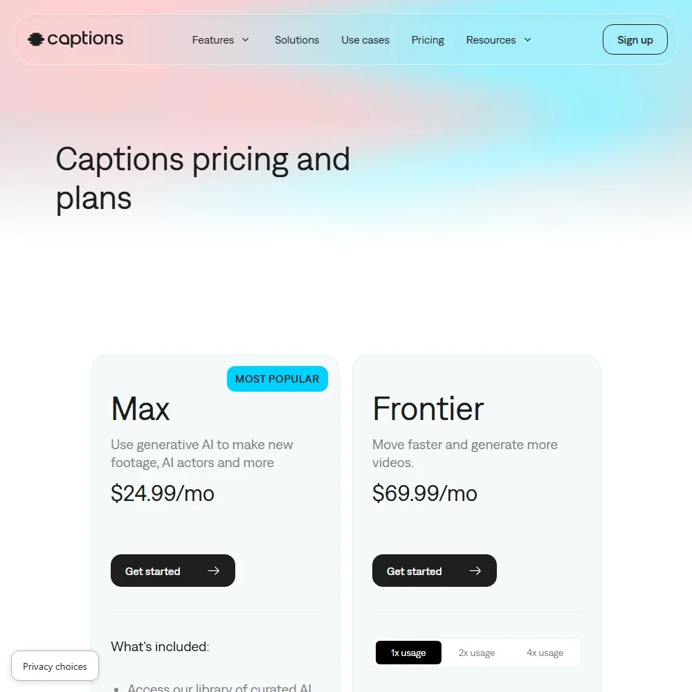 Captions pricing screenshot
