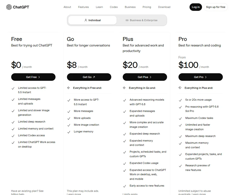 ChatGPT pricing screenshot