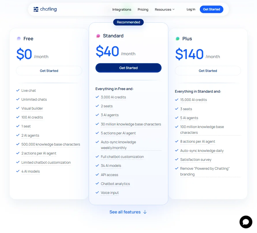 Chatling pricing screenshot
