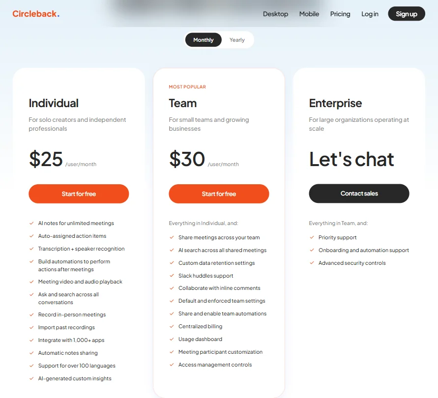 Circleback pricing screenshot