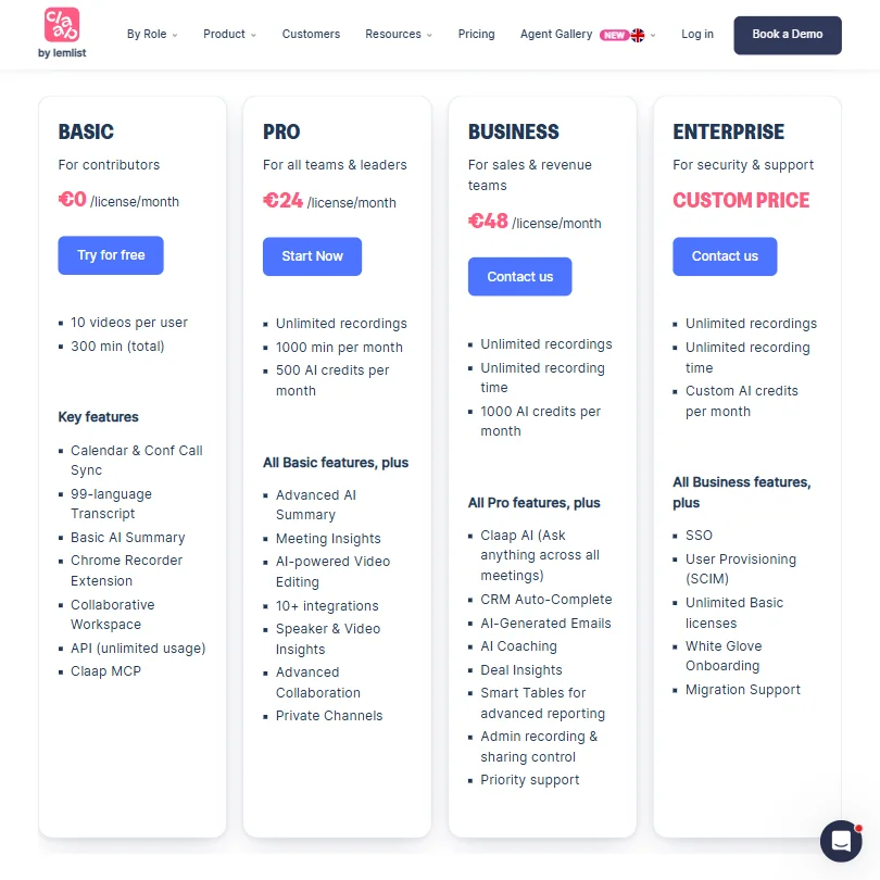 Claap pricing screenshot
