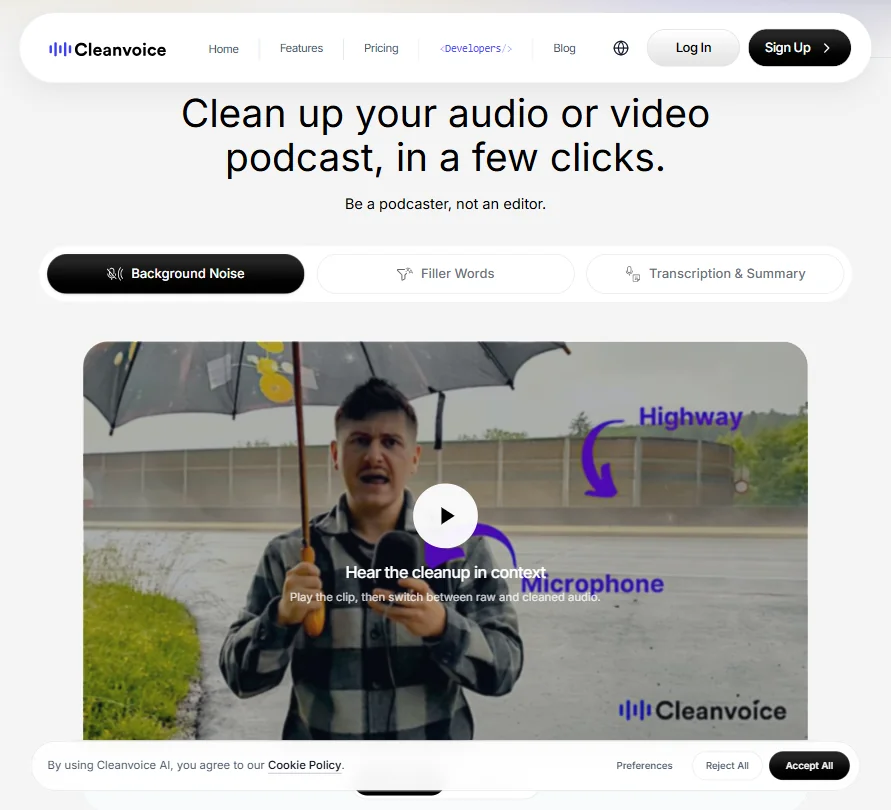 Cleanvoice AI features screenshot