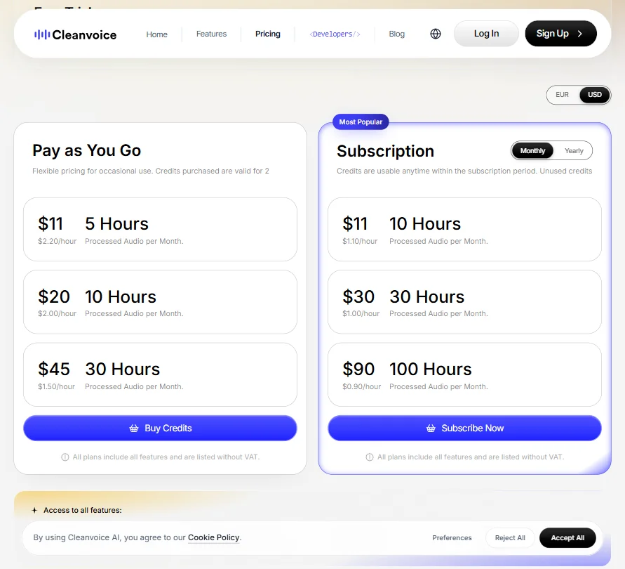 Cleanvoice AI pricing screenshot