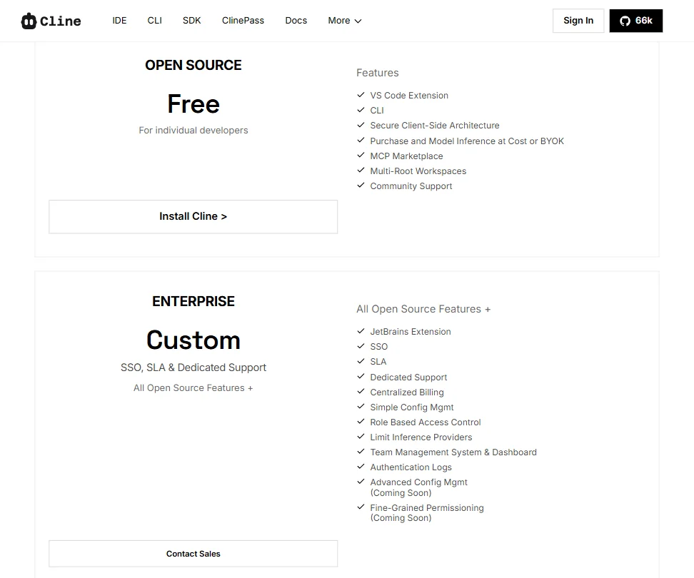 Cline pricing screenshot