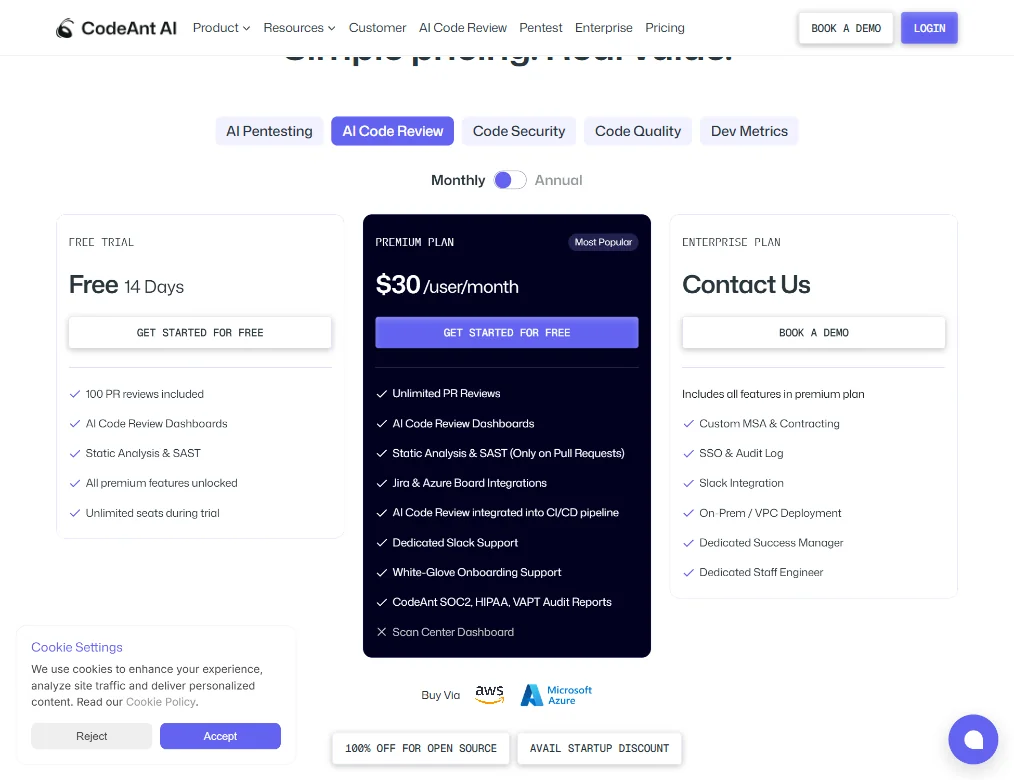 CodeAnt AI pricing screenshot