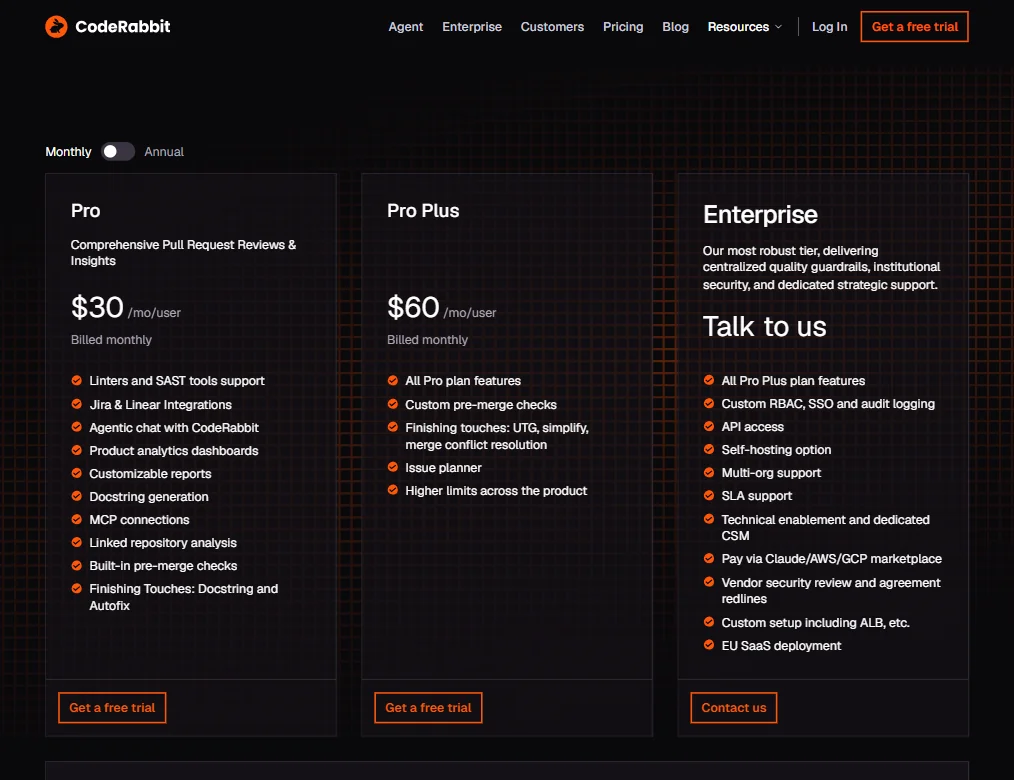CodeRabbit pricing screenshot