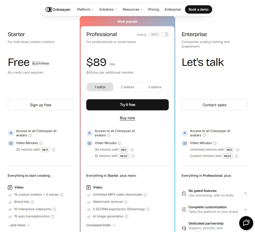 Colossyan Creator pricing screenshot