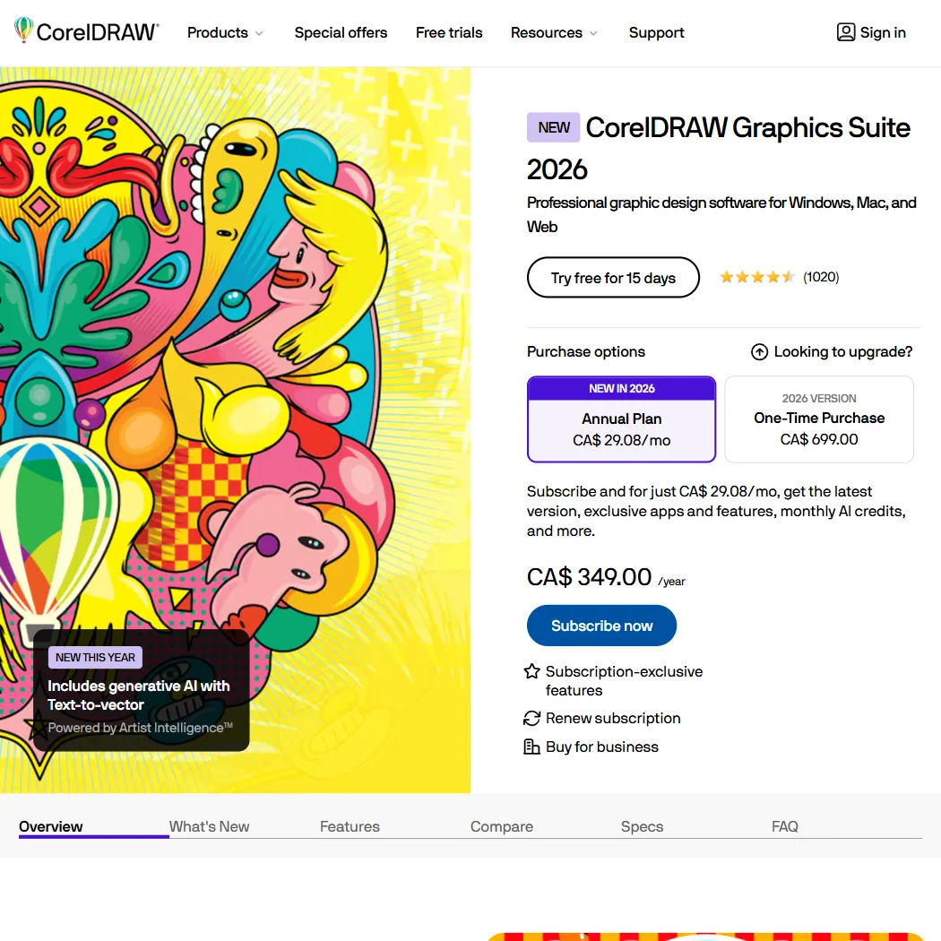 CorelDRAW pricing screenshot