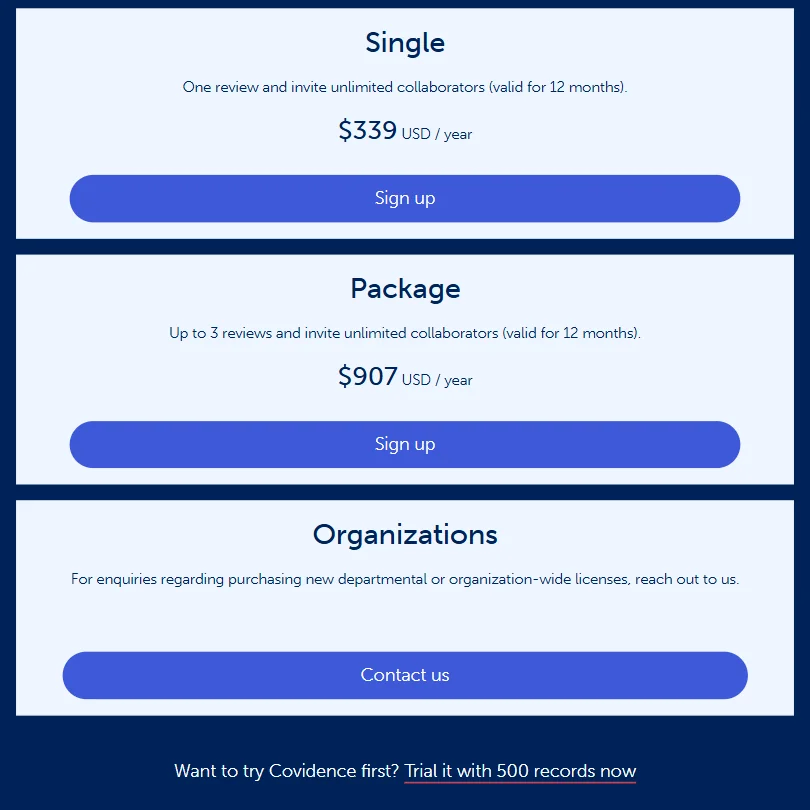 Covidence pricing screenshot